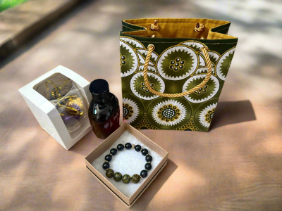 ESB100149 - Ethnic, Fabric, Floral Patterned, Handmade Olive Green, White, and Gold Gift Bag