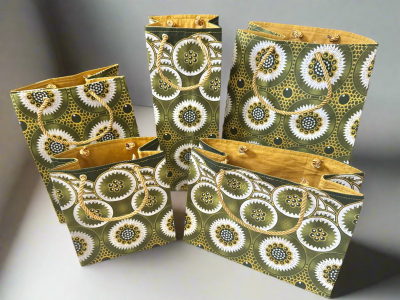 SWA100149 - Ethnic, Fabric, Patterned, Handmade Olive Green, White and Gold Medium Horizontal Bag