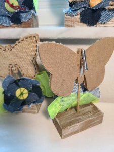 Butterfly photo holder, recipe card holder, place card holder, home decor, butterfly decor with denim flowers