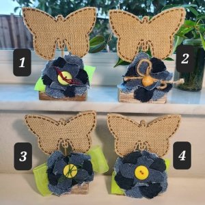 Butterfly photo holder, recipe card holder, place card holder, home decor, butterfly decor with denim flowers