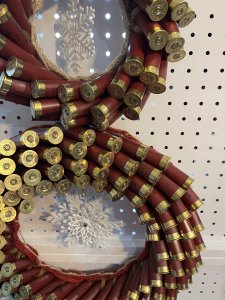 Snowman wreath from spent shotgun shells