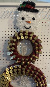 Snowman wreath from spent shotgun shells