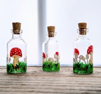 Mini mushroom vase, small cork bottle, hand painted glass vases, upcycled insulin bottle