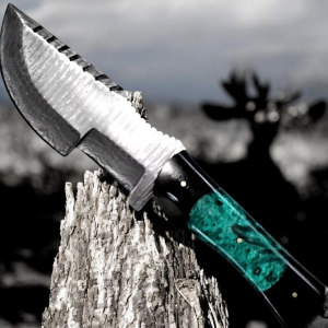 Genuine damascus with green swirl resin handle tracker knife