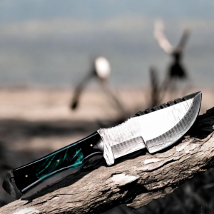 Genuine damascus with green swirl resin handle tracker knife