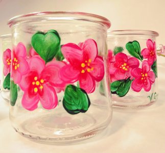 Hand painted glass vase, pink violets jar, maximalist candy dish, tealight candle holder, upcycled home decor, MBC support