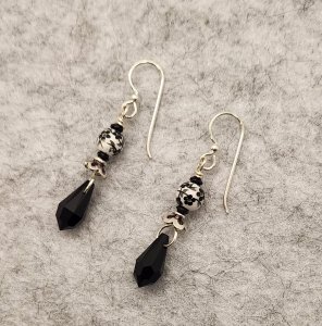 Black and White Flower Crystal Drop Earrings