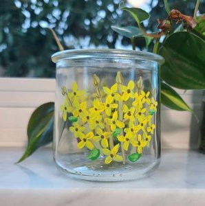 Forsythia glass vase, yellow flowers candle holder, upcycled yogurt jar