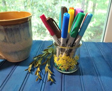 Forsythia glass vase, yellow flowers candle holder, upcycled yogurt jar