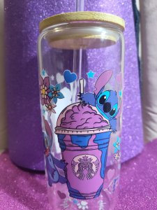 Stitch glass cup with bamboo lid and glass straw