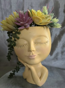 Faux Succulent Arrangement - Large Face Planter - Beige Female w/ Fairy Lights