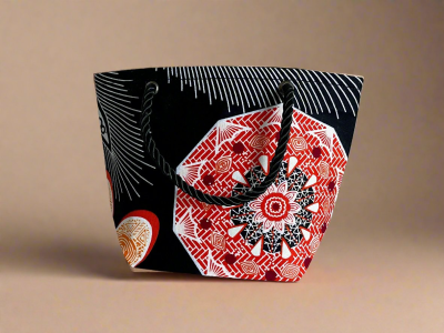 MIT10008 - Ethnic, Fabric, Patterned, Handmade Black, White, and Orange Mini Tote