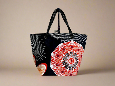 MIT10008 - Ethnic, Fabric, Patterned, Handmade Black, White, and Orange Mini Tote