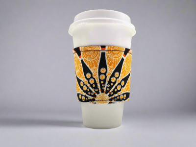 CUP10008B - Ethnic, Fabric, Patterned, Handmade  Dark Green, Green, White and Gold Cup Sleeve
