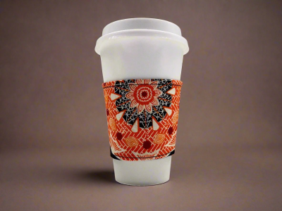 CUP10008D - Ethnic, Fabric, Patterned, Handmade  Dark Green, Green, White and Gold Cup Sleeve