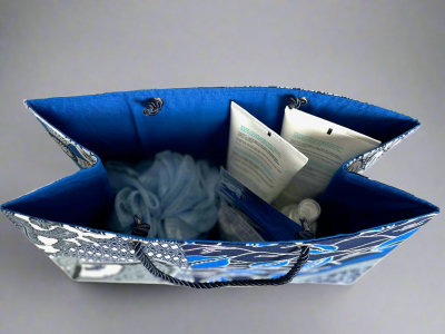 MWA10049 - Ethnic, Fabric, Patterned, Handmade Blue, Black, Gray, and White Medium Horizontal Bag