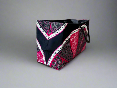 MWA10013A - Ethnic, Fabric, Patterned, Handmade Black, Pink, and White Medium Horizontal Bag