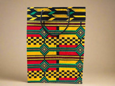 MEB10078 - Chic, Fabric, Handmade Square Gift Bag Yellow, Black, Red, and Green with Gold Accents