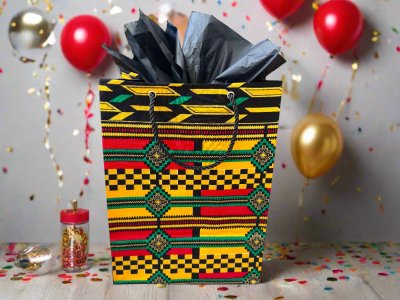 MEB10078 - Chic, Fabric, Handmade Square Gift Bag Yellow, Black, Red, and Green with Gold Accents