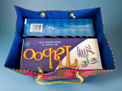 MEB10043 - Chic, Fabric, Handmade Square Gift Bag Fuscia, Blue, Green Blue, and Brown with Gold Accents