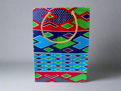 MEB100144 - Chic, Fabric, Handmade Medium Square Gift Bag Turqoise,  Blue, Green, Red and Purple with Gold Accents