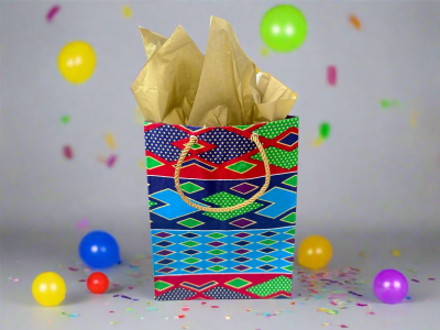 MEB100144 - Chic, Fabric, Handmade Medium Square Gift Bag Turqoise,  Blue, Green, Red and Purple with Gold Accents