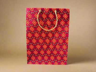 MEB100148 - Chic, Fabric, Handmade Medium Square Gift Bag Red and Maroon with Gold Accents