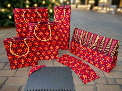 MEB100148 - Chic, Fabric, Handmade Medium Square Gift Bag Red and Maroon with Gold Accents