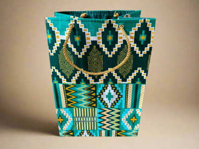 MEB100146 - Chic, Fabric, Handmade Medium Square Gift Bag Dark Green, Green, and White with Gold Accents