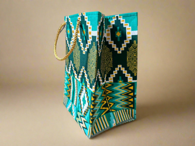MEB100146 - Chic, Fabric, Handmade Medium Square Gift Bag Dark Green, Green, and White with Gold Accents
