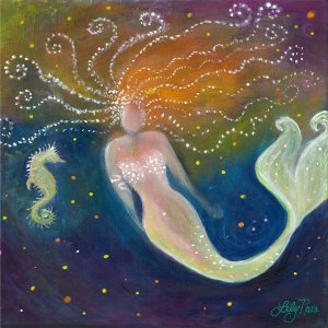 The Wish - Mermaid and Seahorse - ORIGINAL PAINTING, 10" wide x 10" high, acrylics on canvas