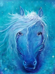 "INDIGO STAR"  ORIGINAL PAINTING,   16" W x 20" ACRYLICS ON CANVAS, HI-GLOSS VARNISH, WIRED AND READY TO HANG-price includes shipping in USA