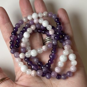 Purple Amethyst Lepidolite Kunzite Moonstone Stretch Bracelet