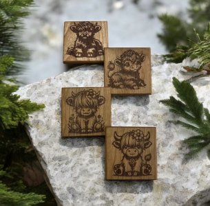 Highland Cow Engraved Cherry Wood coasters set of 4.