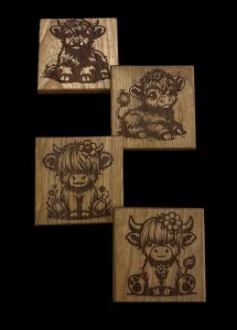 Highland Cow Engraved Cherry Wood coasters set of 4.