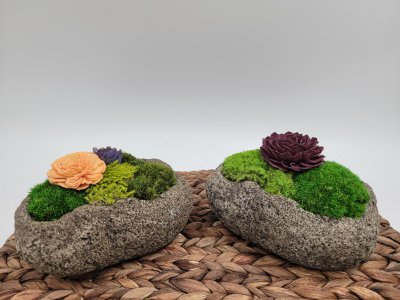 Preserved moss decorative accent, small indoor plant, faux stone planter, fake greenery
