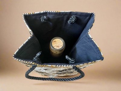 WIN10009 - Ethnic, Fabric, Patterned, Handmade  Black, Gold, and Cream Wine Bag