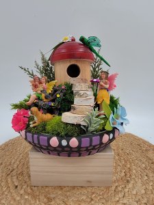 Fairy diorama with mosaic base, fairy garden