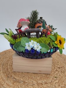 Gnome diorama with mosaic base, fairy garden