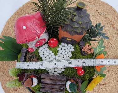 Gnome diorama with mosaic base, fairy garden