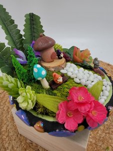 Gnome diorama with mosaic base, fairy garden