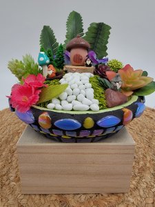 Gnome diorama with mosaic base, fairy garden