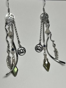 Moonstone, Labradorite & Sapphire Lotus Dangle Earrings