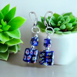 Vintage Dangle Earrings Sterling Silver Ear Wires Glass Bead Blue Jewelry Boho Accessory Gift Bundle Statement Piece Handmade Collection
