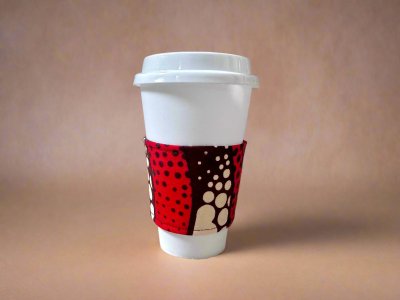 CUP10015 - Ethnic, Fabric, Patterned, Handmade  Red, Brown and Tan Cup Sleeve