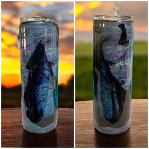Howling Wolf amid a purple and blue background, 20 oz tumbler