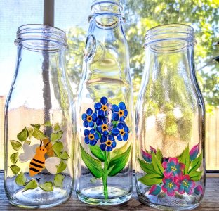 Forget me not vase, Japanese marble soda bottle incense holder, hand painted glass vases, upcycled art, oil diffuser stick jar, plant propagation, prop jar