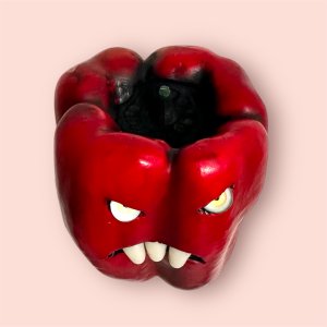 Red Bell Pepper with a Face, Halloween, vegan, gift, gardener gift, funny, creepy, spooky, teeth, gag gift, one of a kind, vegetable, anthropomorphic, kitchen decor