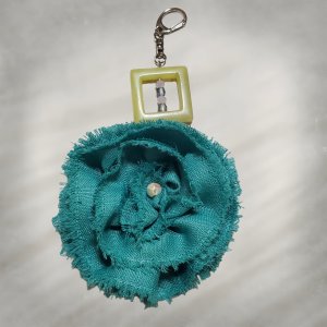 Fabric Flower Keychain, Teal & Green