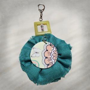 Fabric Flower Keychain, Teal & Green